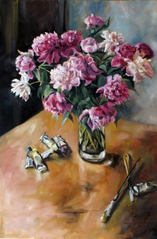 Tableau de Mick-Droux : les pivoines sur le bureau